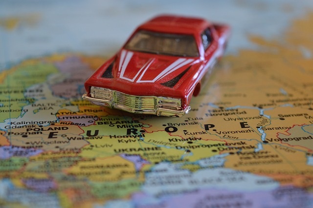 model car on a map of Europe