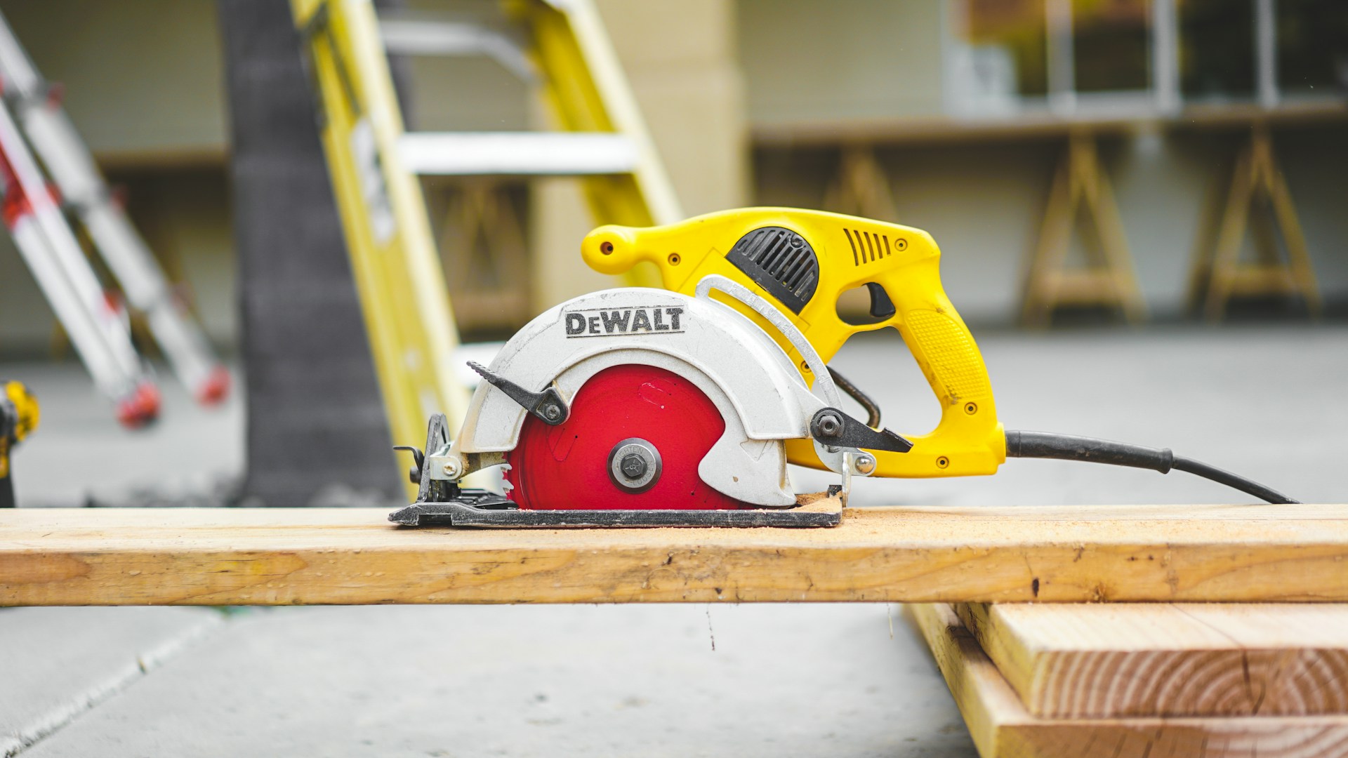 Circular saw on a work bench in a building site 